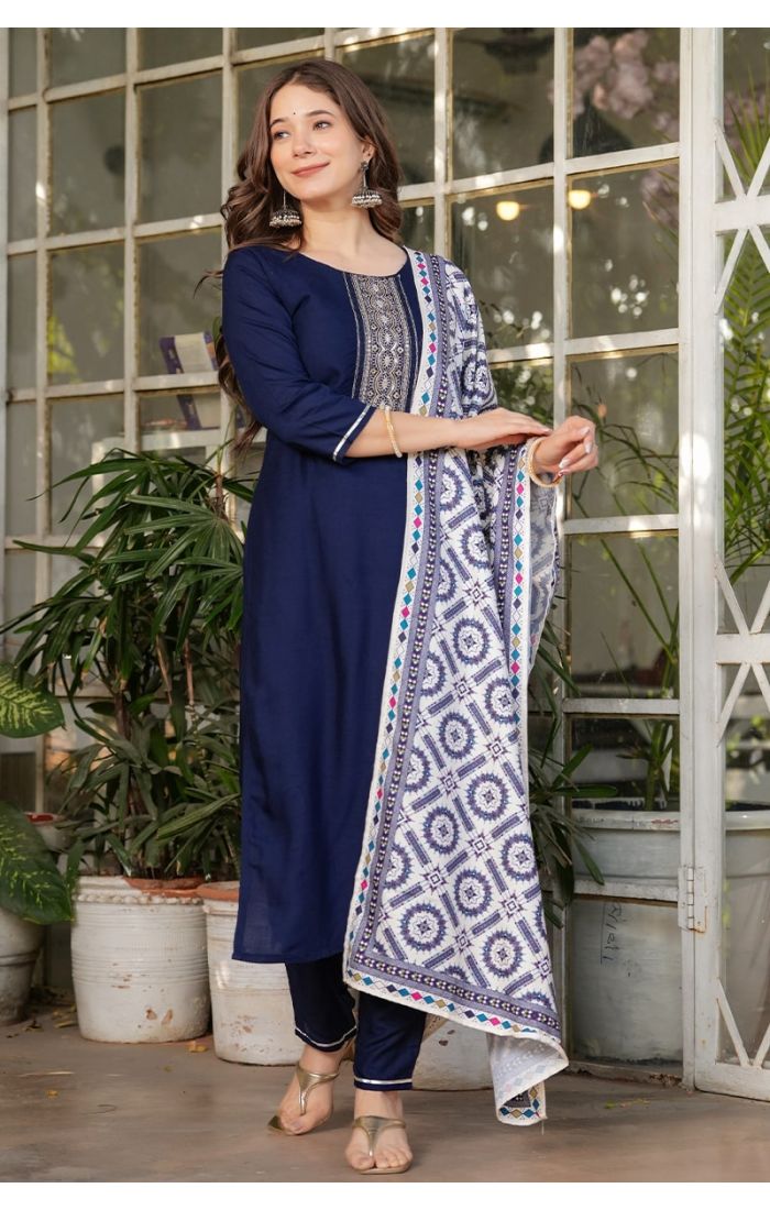  Navy Blue Embroidered Cotton Kurta Set with Printed Dupatta for Festive and Wedding Wear