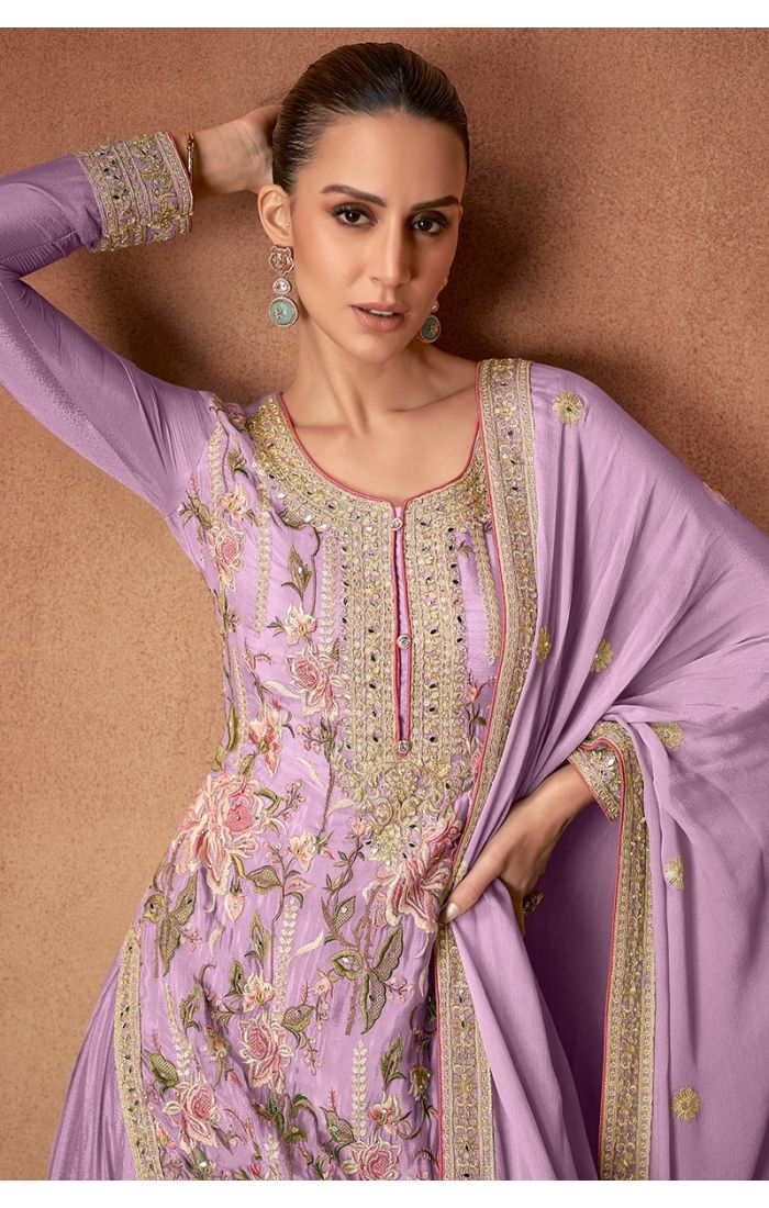 Purple Chinon silk embroidered salwar suit with flared palazzo and designer dupatta – Wedding & Festive Wear