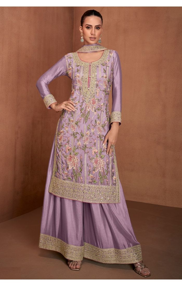 Purple Chinon silk embroidered salwar suit with flared palazzo and designer dupatta – Wedding & Festive Wear