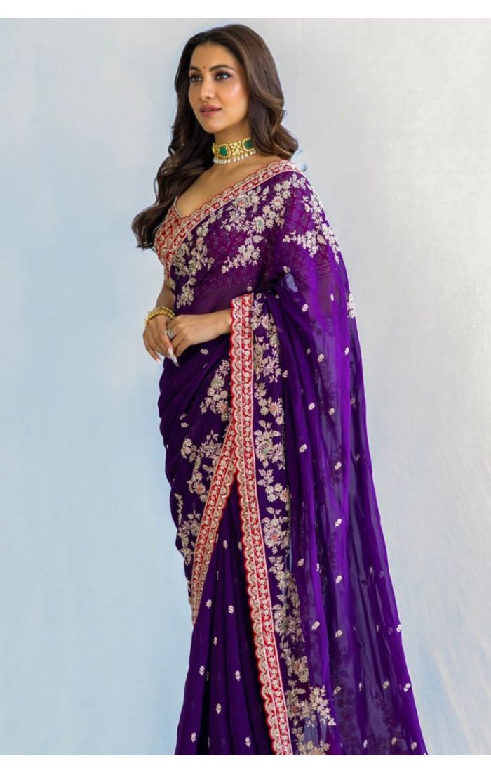 Purple Georgette Saree with Zari Embroidery for Weddings & Festive Occasions