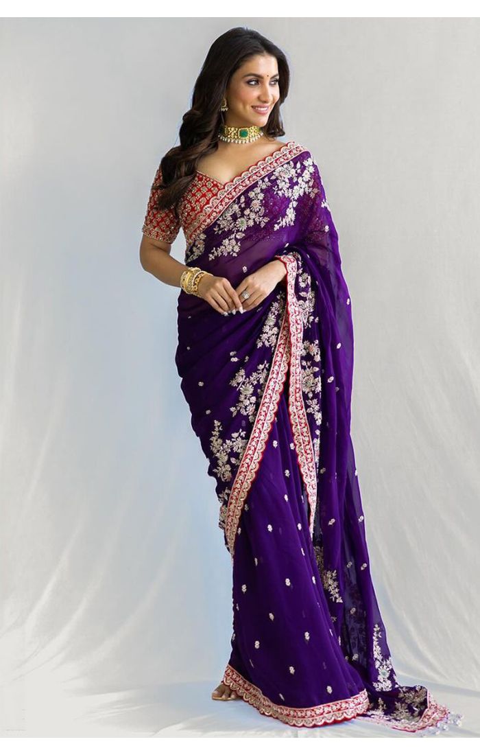 Purple Georgette Saree with Zari Embroidery for Weddings & Festive Occasions