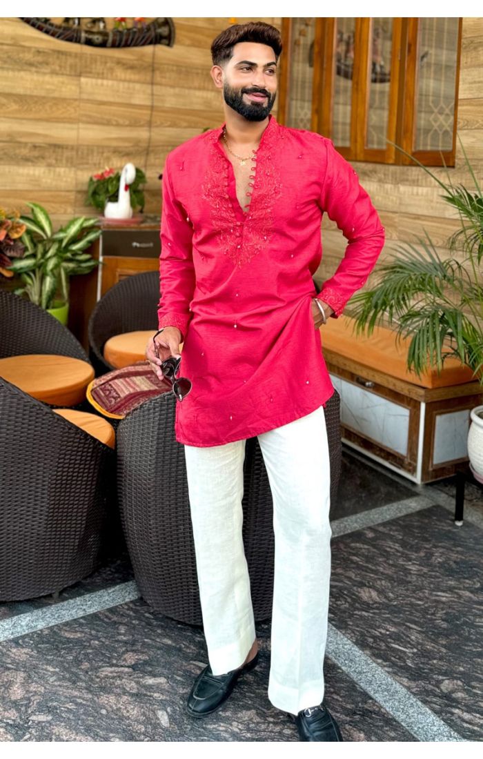 Red Silk Embroidered Kurta Set for Men – Wedding & Festive Wear