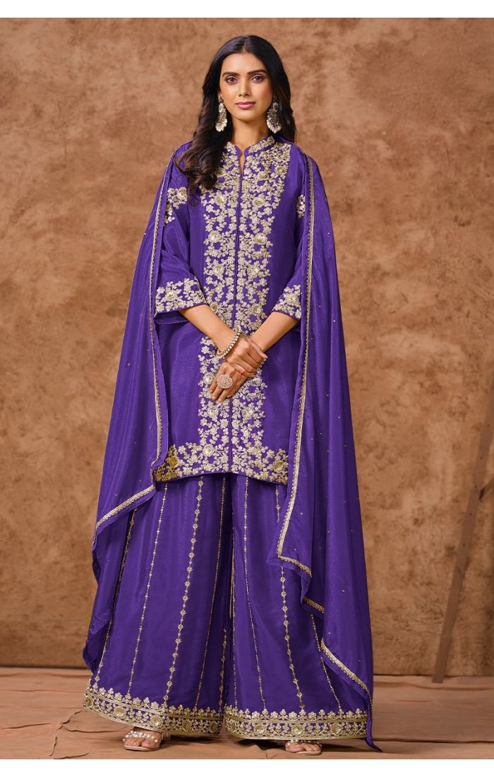 Royal Purple Embroidered Palazzo Salwar Kameez with Golden Zari Work and Dupatta – Wedding & Festive Wear