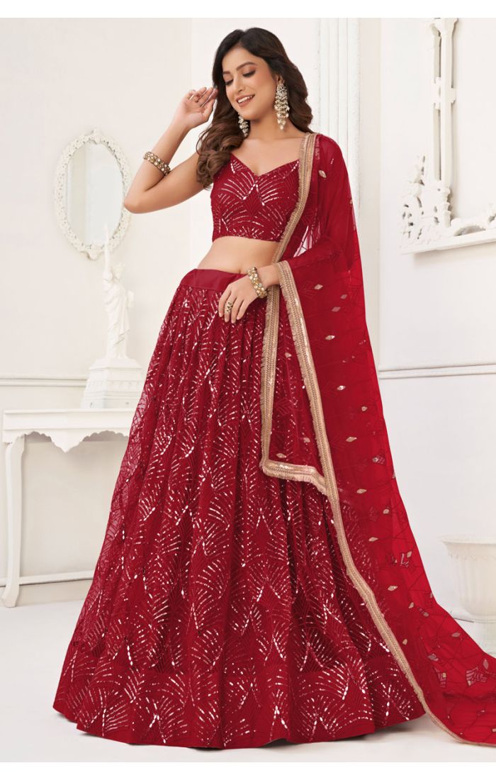 Regal Ruby Red Sequin Lehenga Choli for Weddings and Festive Celebrations