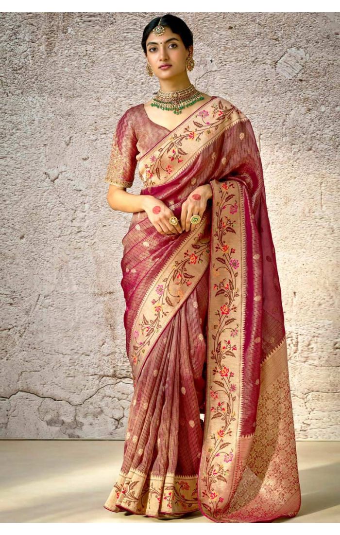 Regal Wine Banarasi Silk Saree with intricate floral embroidery, showcasing rich craftsmanship and elegance, perfect for weddings and festive celebrations.