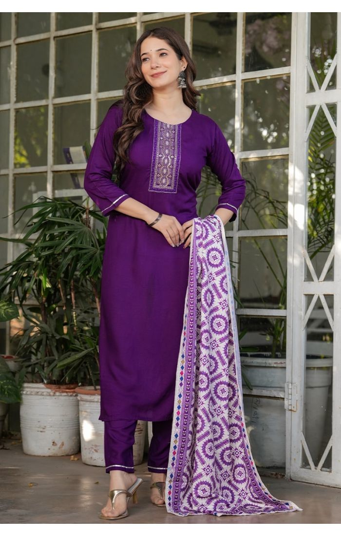  Wine Embroidered Cotton Kurta Pant Set with Printed Dupatta – Wedding & Festive Ethnic Wear