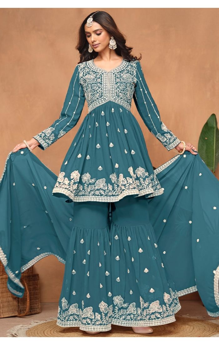 Complete outfit with matching embroidered dupatta and sharara bottom.