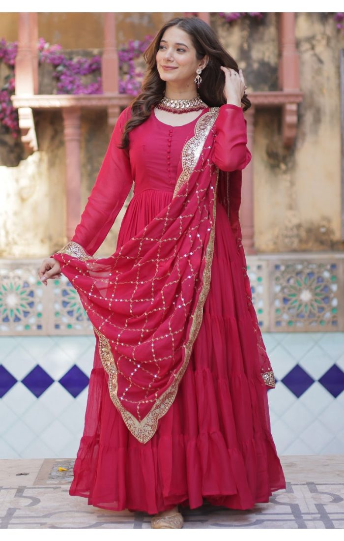 Buy Royal Elegance Red Star Georgette Long Gown with Mirror Work Dupatta online - SALV5695 | Appelle Fashion 
