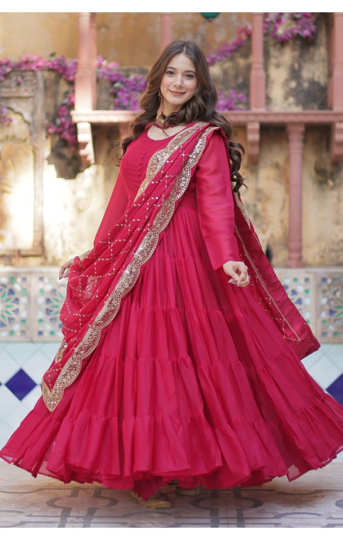 Buy Royal Elegance Red Star Georgette Long Gown with Mirror Work Dupatta online - SALV5695 | Appelle Fashion 