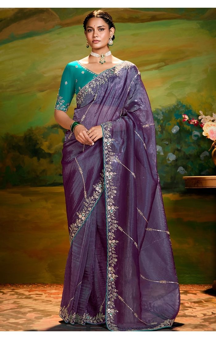 Royal Lilac purple organza saree with rama green raw silk blouse – Appelle Fashion front view