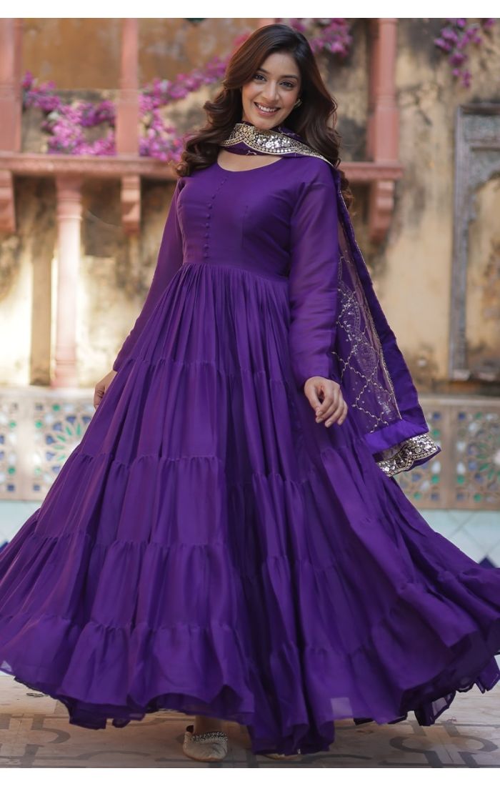 Royal Purple Star Georgette Long Gown with Sequin Work Dupatta for Festive and Wedding Wear