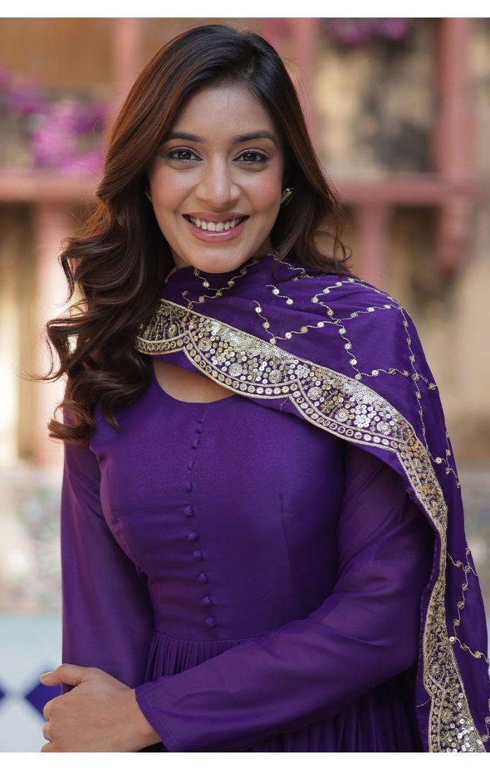 Royal Purple Star Georgette Long Gown with Sequin Work Dupatta for Festive and Wedding Wear