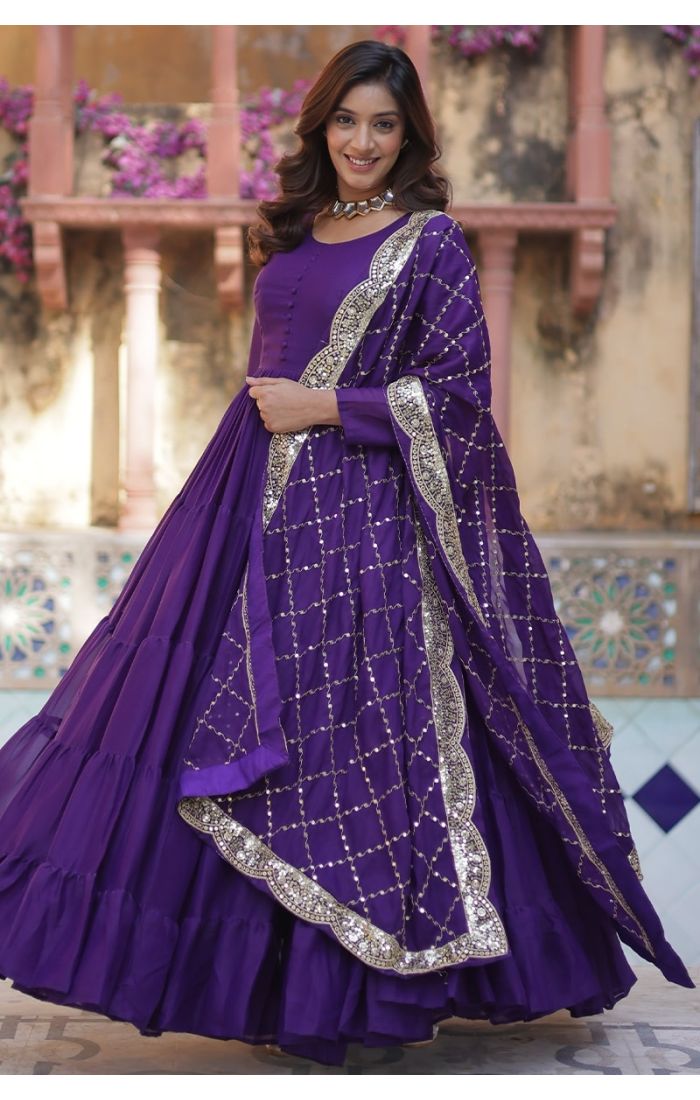 Royal Purple Star Georgette Long Gown with Sequin Work Dupatta for Festive and Wedding Wear
