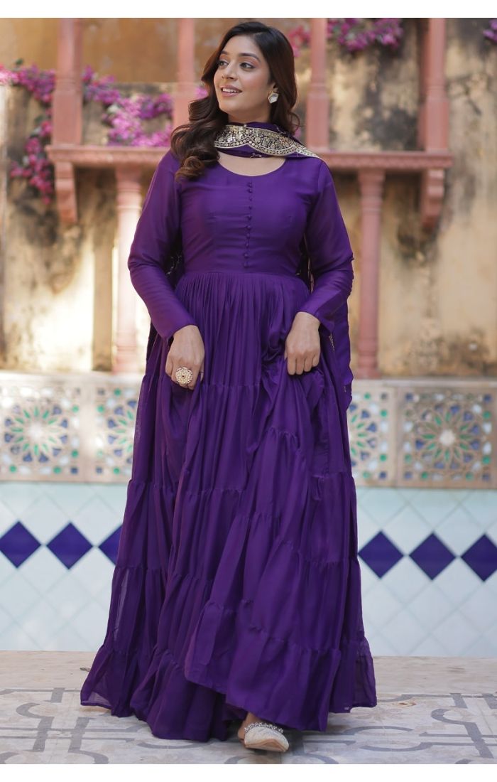 Royal Purple Star Georgette Long Gown with Sequin Work Dupatta for Festive and Wedding Wear