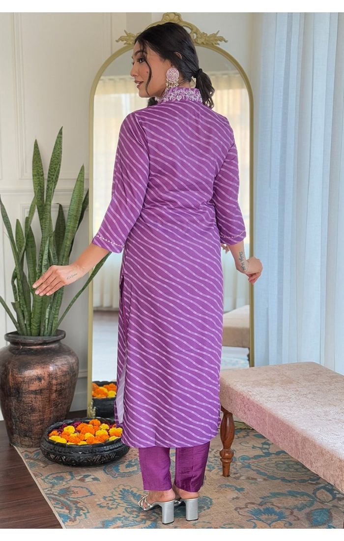 Royal Purple Striped Kurta Set with Hand Embroidery & Organza Dupatta – Festive & Wedding Wear