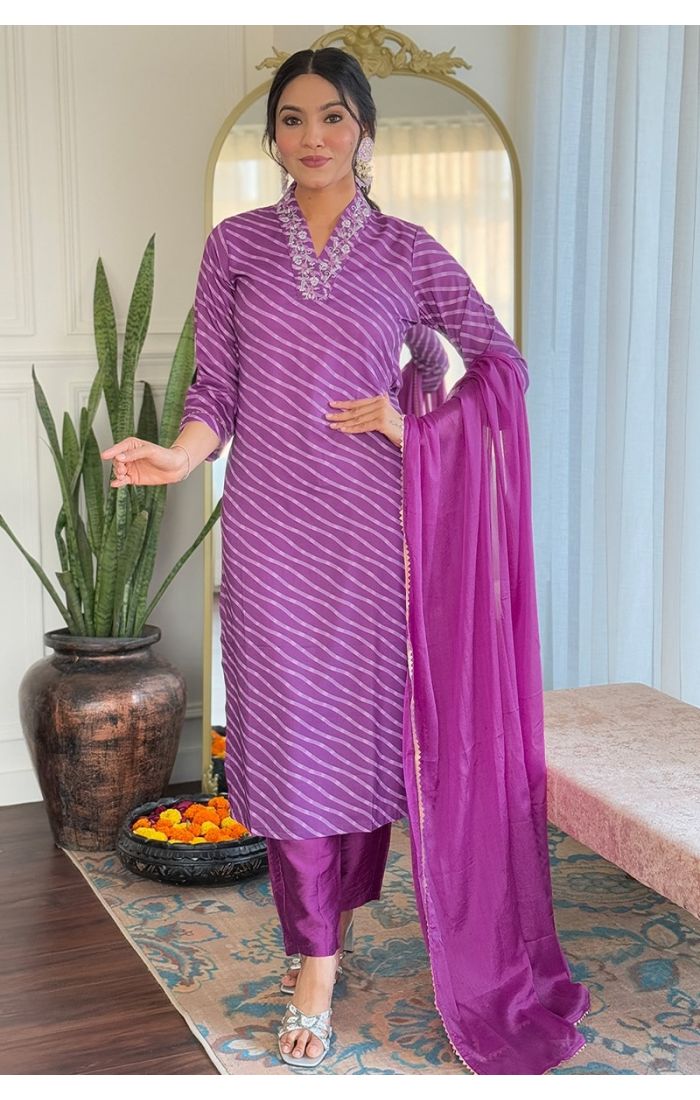 Royal Purple Striped Kurta Set with Hand Embroidery & Organza Dupatta – Festive & Wedding Wear