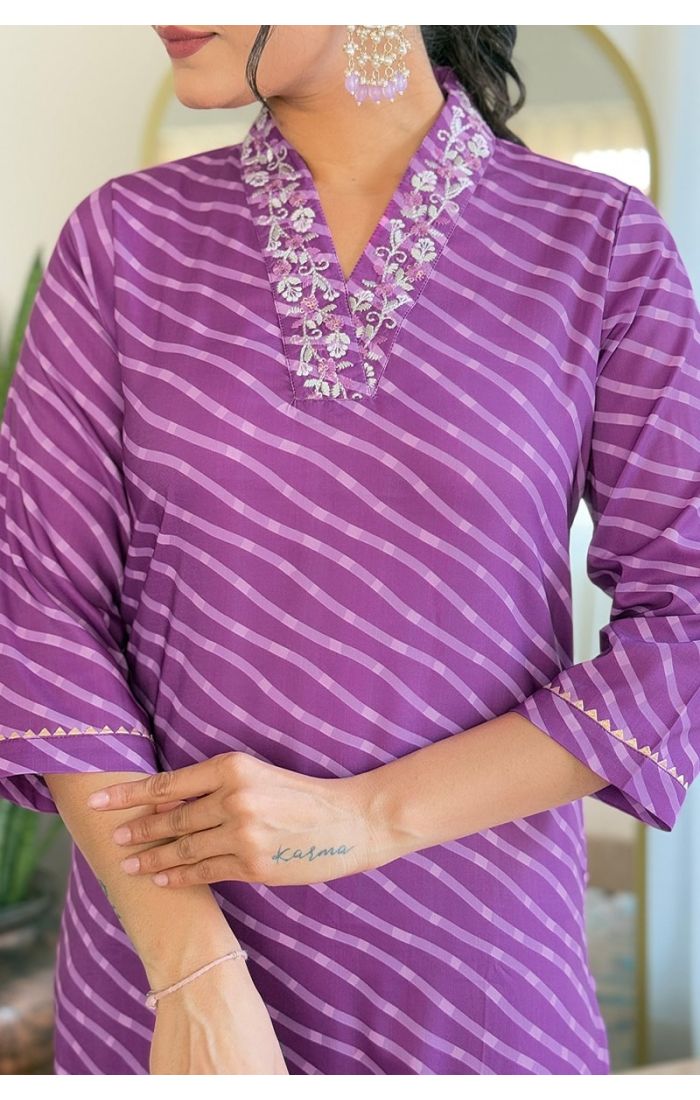 Royal Purple Striped Kurta Set with Hand Embroidery & Organza Dupatta – Festive & Wedding Wear