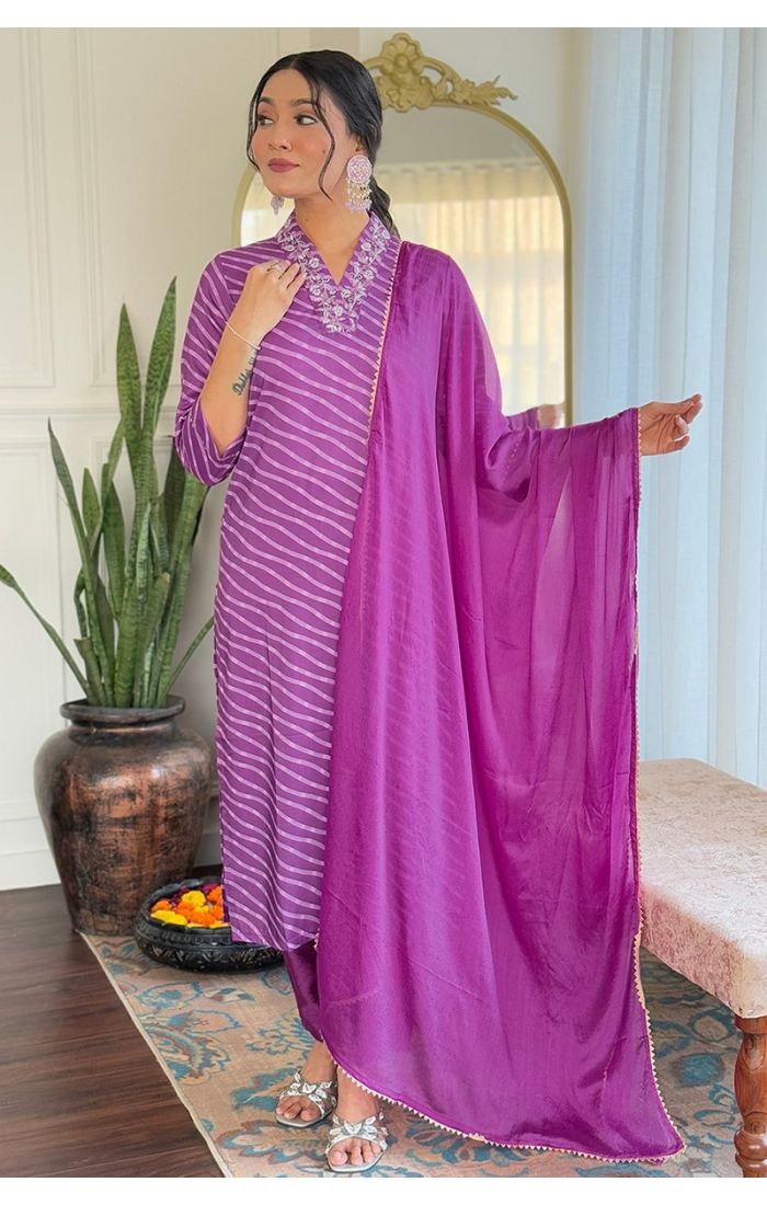 Royal Purple Striped Kurta Set with Hand Embroidery & Organza Dupatta – Festive & Wedding Wear