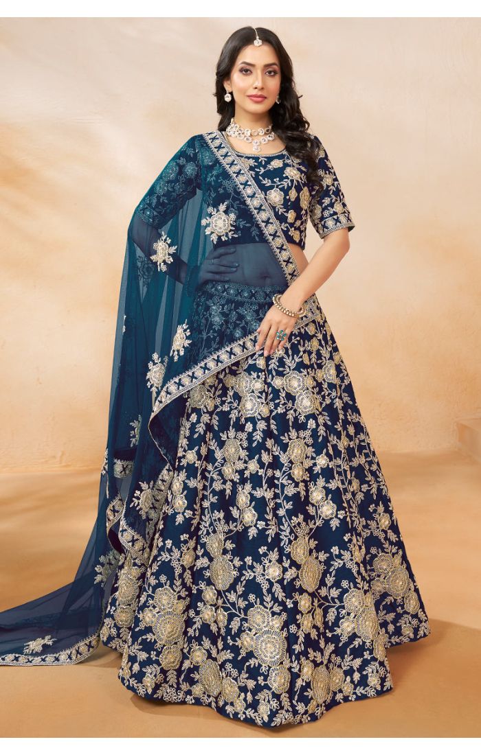 Royal Sapphire Floral Embroidered Lehenga Choli with Golden Threadwork – Perfect for Weddings and Festive Celebrations