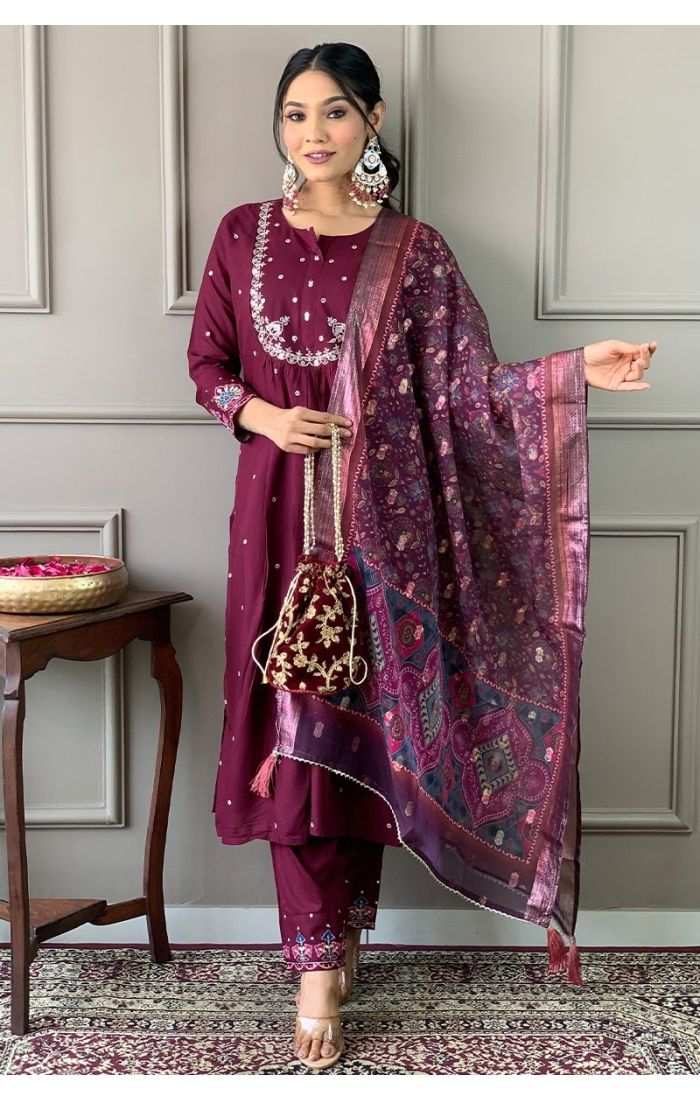 Royal Wine Embroidered Kurta Pant Set with Dupatta for Weddings & Festivals