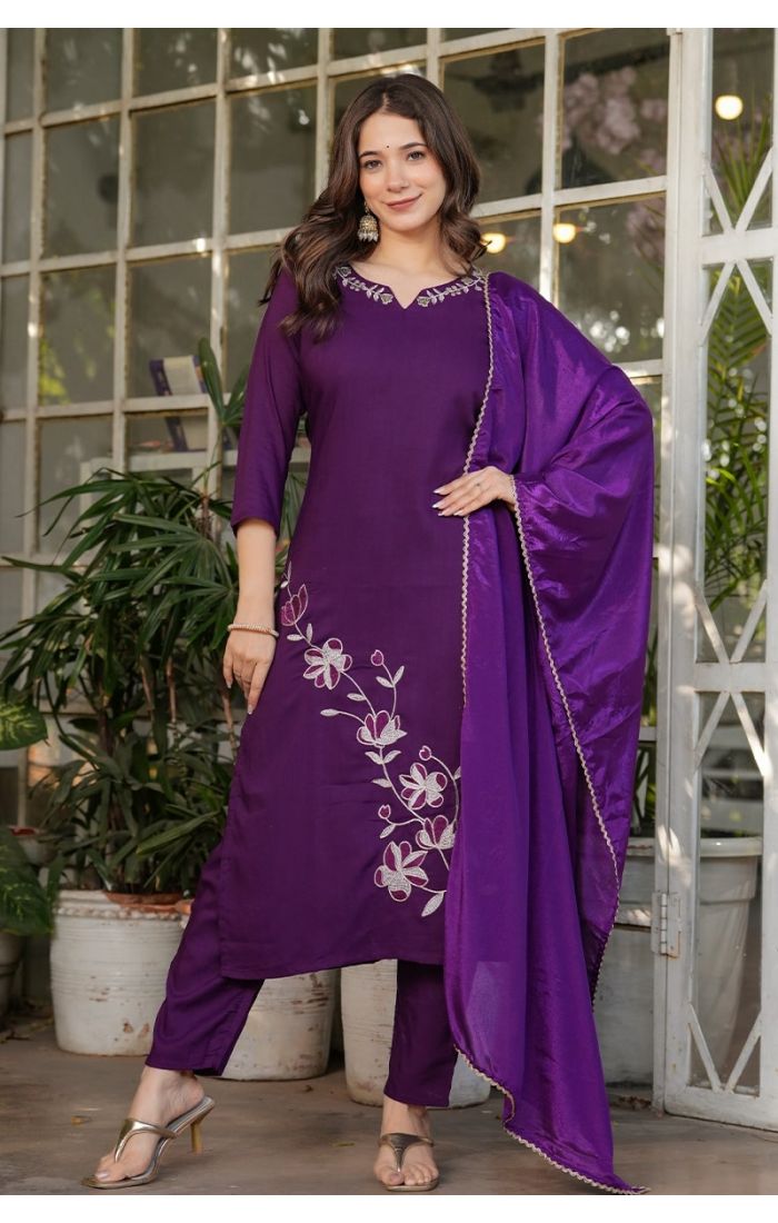 Wine Embroidered Kurta Pant Set with Organza Dupatta for Wedding & Festive Wear