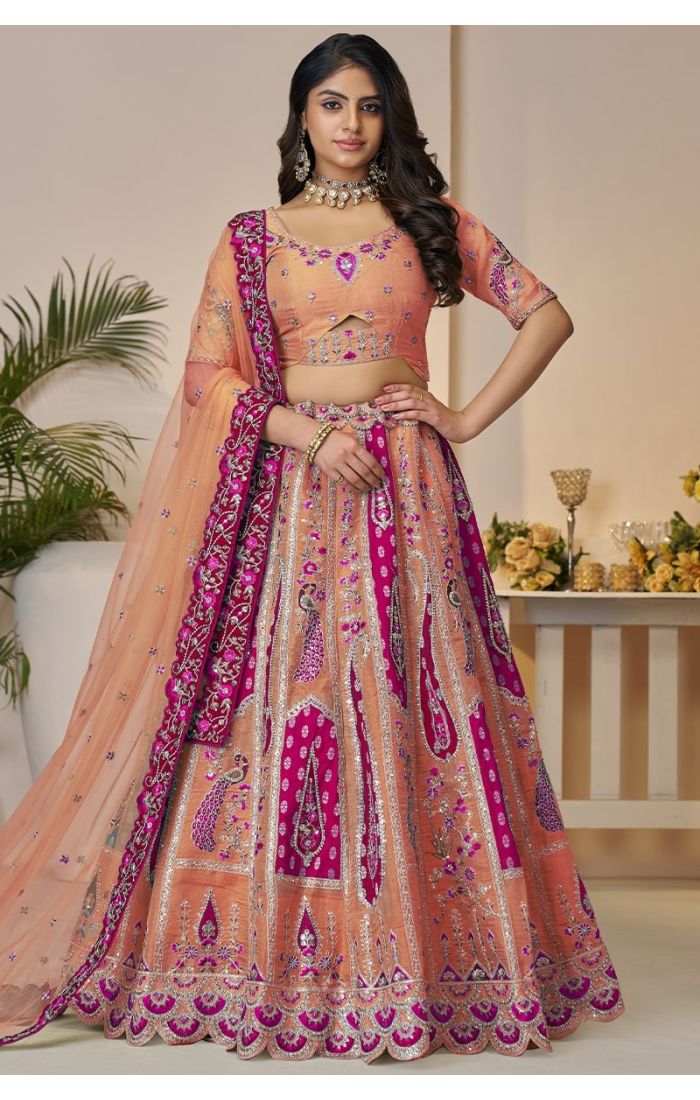  Rust Orange Bridal Lehenga Front View with Magenta Embroidery – Appelle Fashion USA