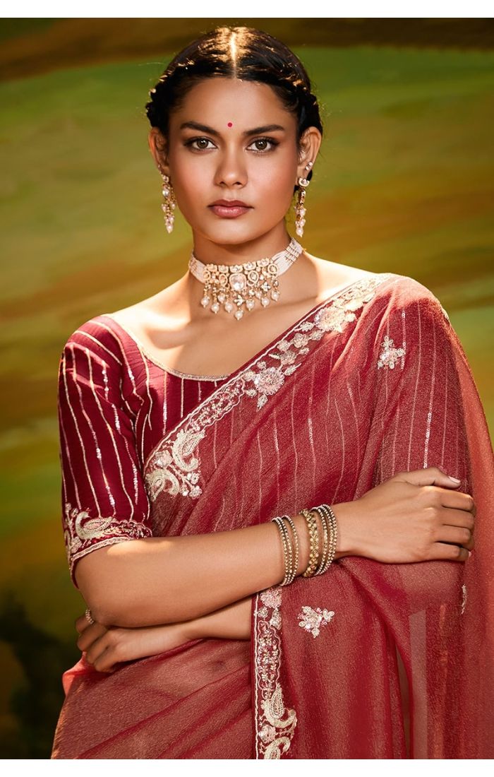 Close-up of embroidery and lace border on rust saree