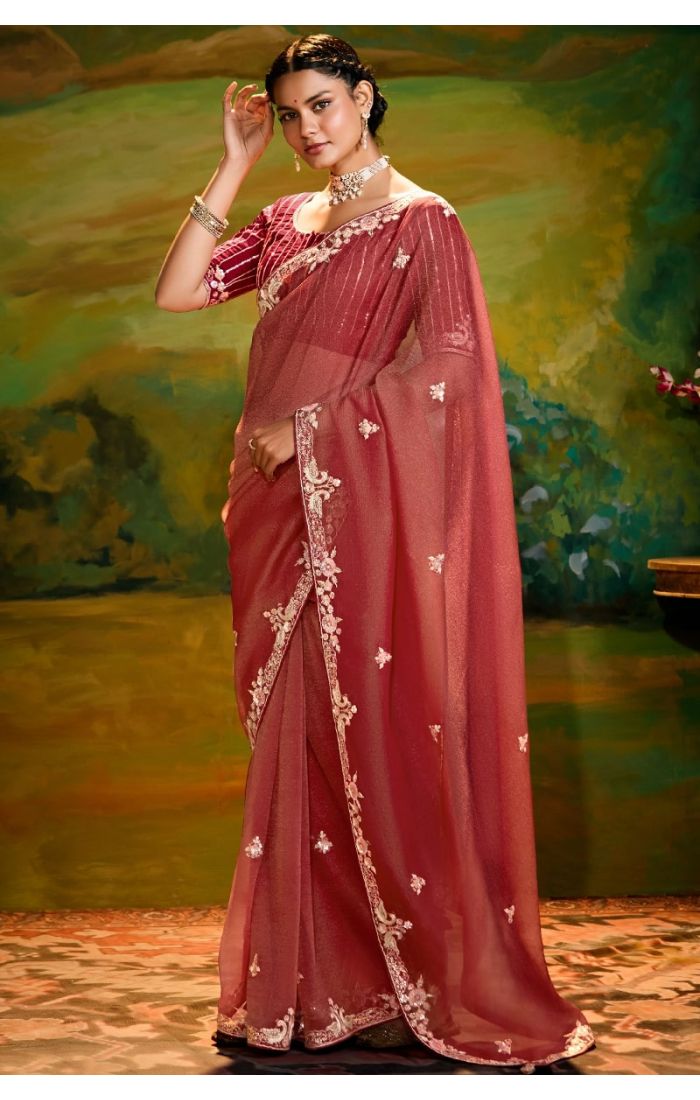  Rust organza saree front draped view with maroon raw silk blouse