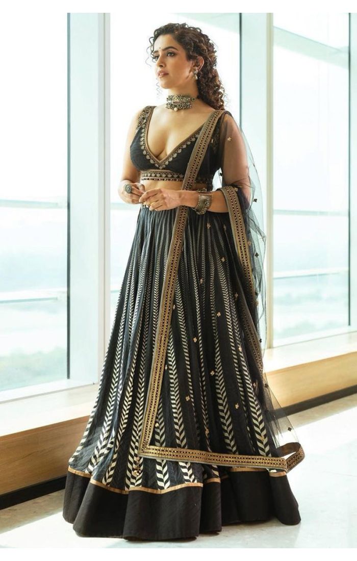 Sanya Malhotra Black Designer Lehenga Choli with Embellished Details
