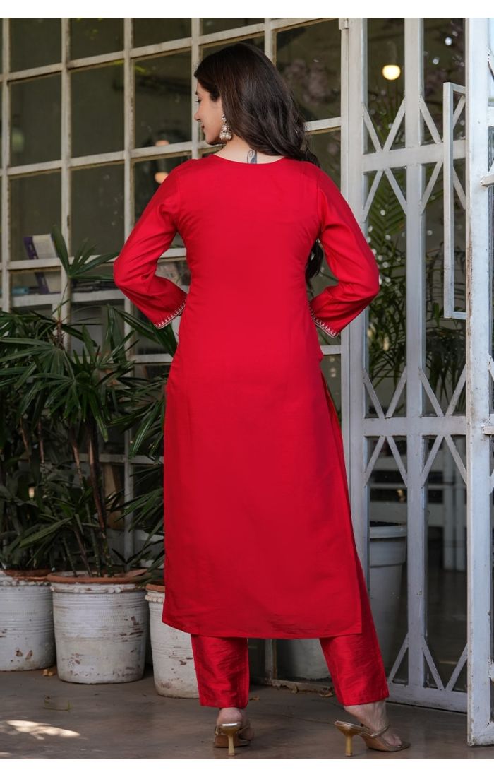 Scarlet Red Zari Embroidered Kurta Pant Set with Dupatta – Festive & Wedding Ethnic Wear