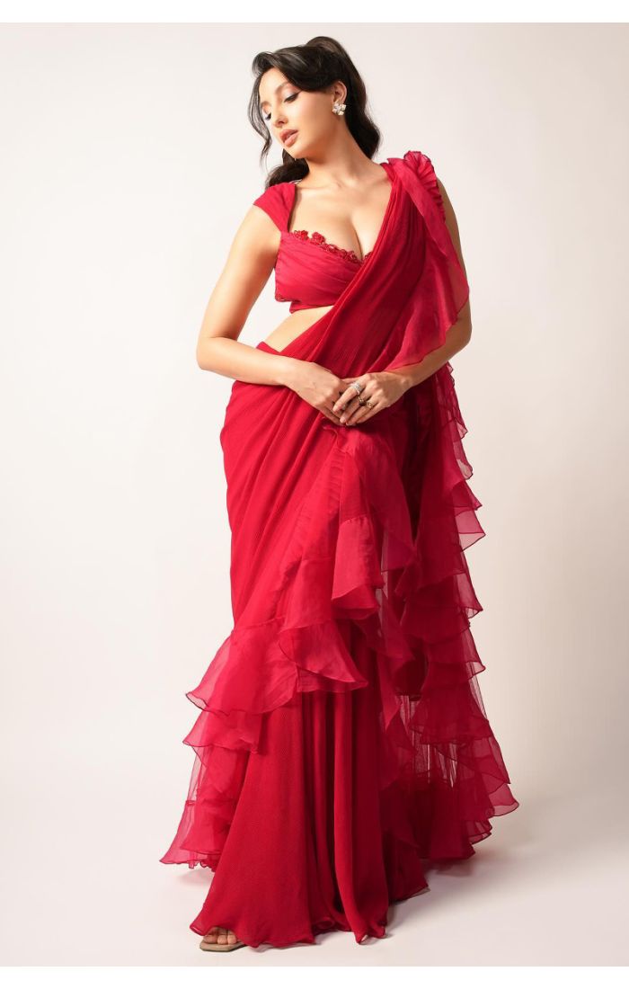 Scarlet Red Ruffle Saree – Designer Georgette Party Wear Drape