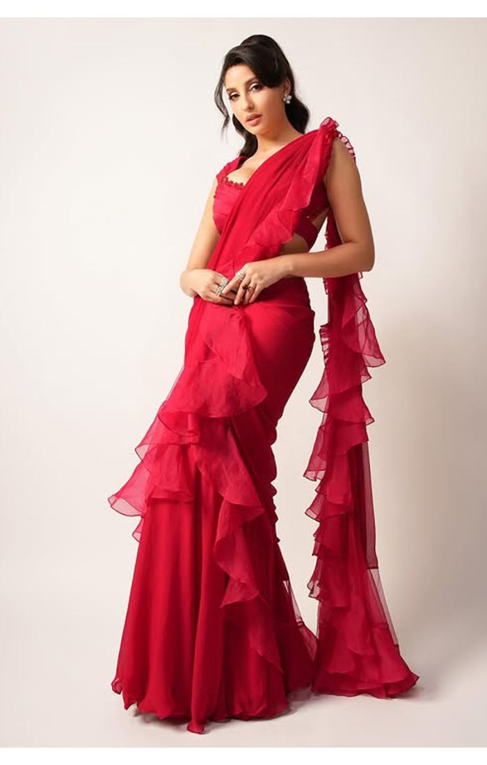 Scarlet Red Ruffle Saree – Designer Georgette Party Wear Drape