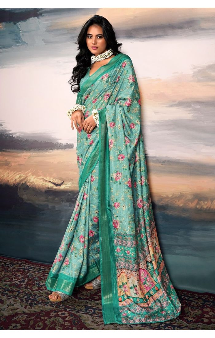 Sea Green Cotton Silk Floral Print Saree with Zari Border for Weddings & Festive Wear