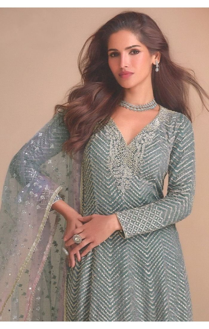 Sea Green Embroidered Georgette Salwar Suit with Dupatta for Wedding and Festive Wear