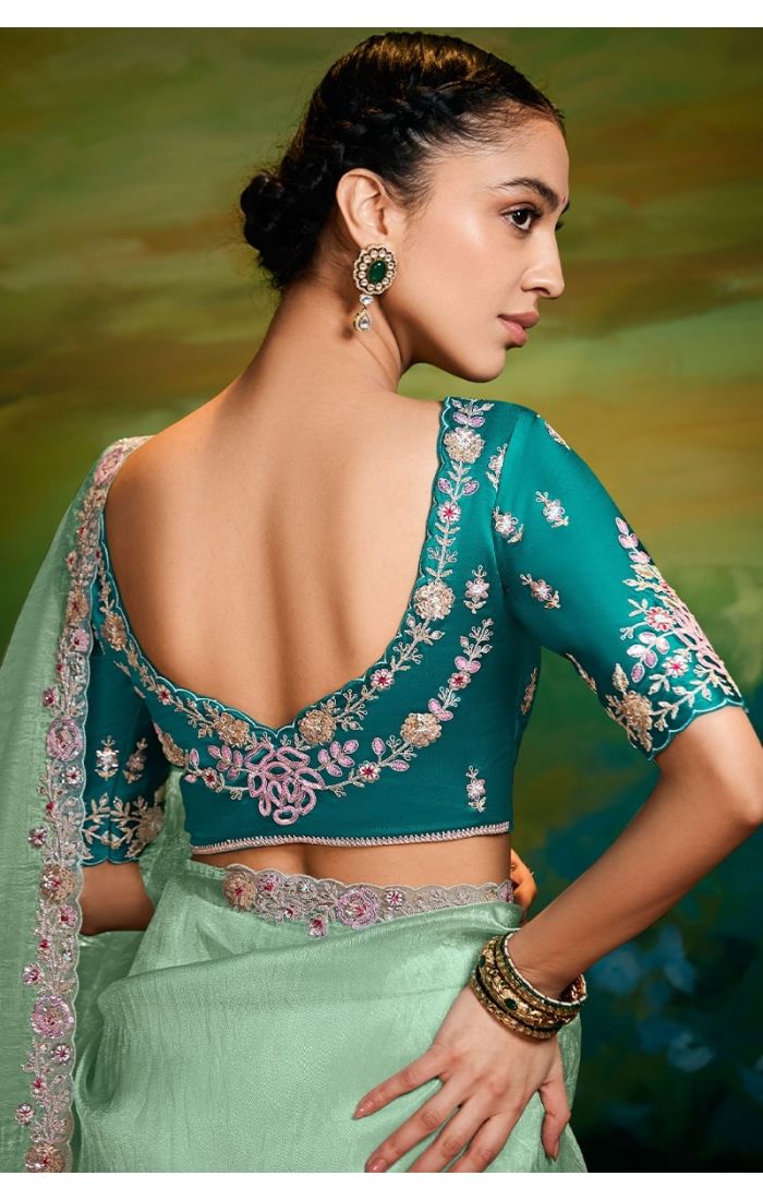  Back view highlighting rama blue blouse design and embroidery
