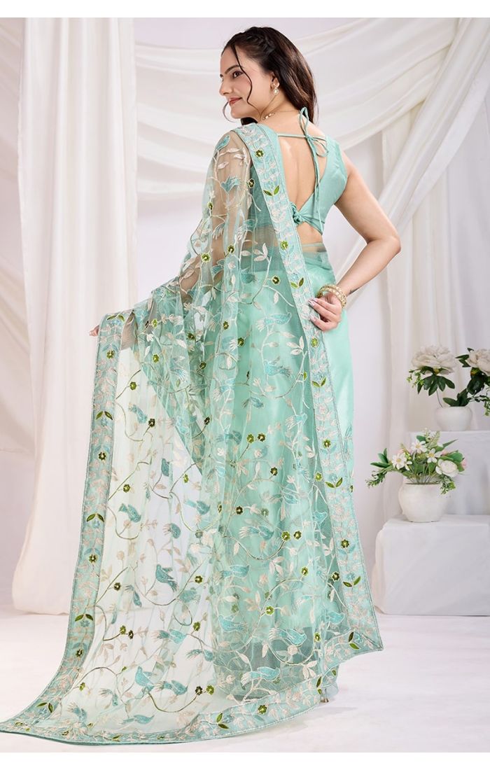  Back view of Sea Green Soft Net Saree with Floral Thread Embroidery Detailing