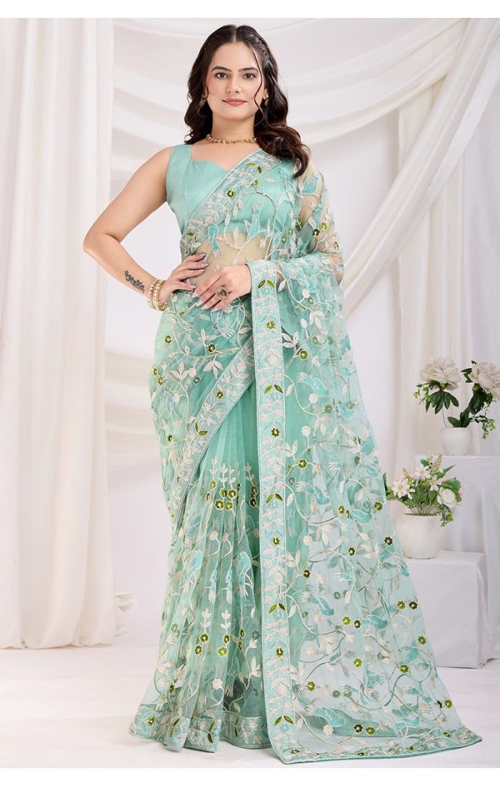 Elegant Sea Green Soft Net Saree with Designer Thread Embroidery and Mono Banglori Blouse for Wedding