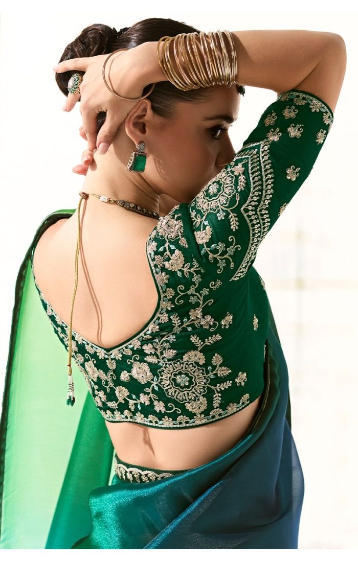 Back view showcasing the saree drape and blouse embroidery details