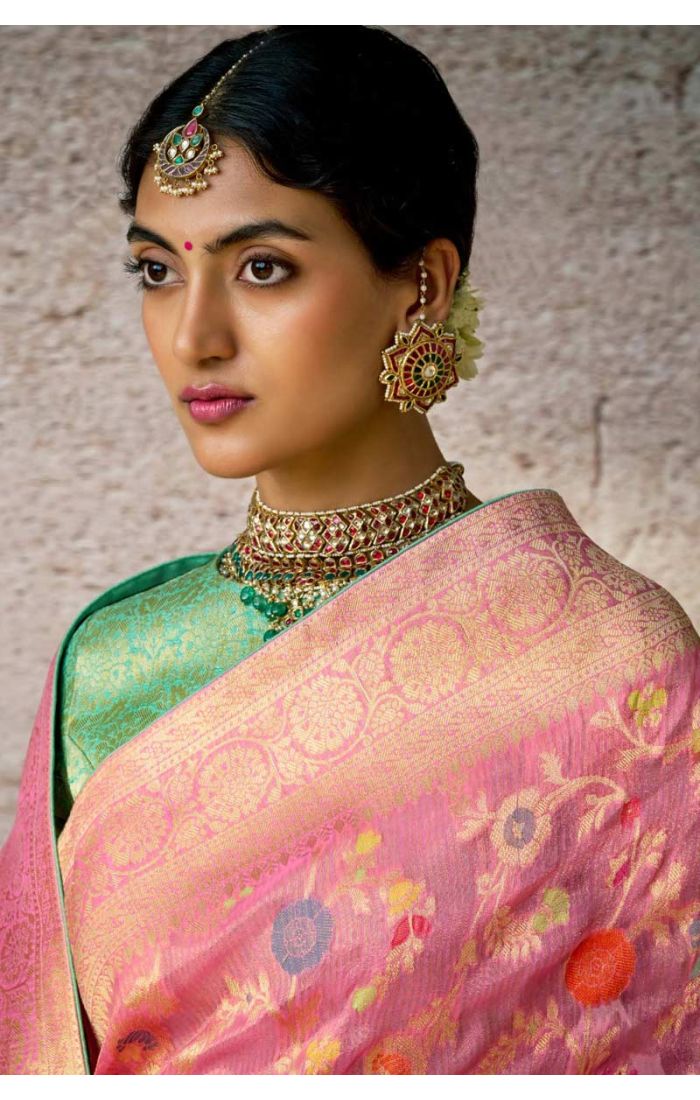 Pink Banarasi Silk Saree with Multicolor Floral Embroidery Work – Perfect for Weddings and Festive Occasions.