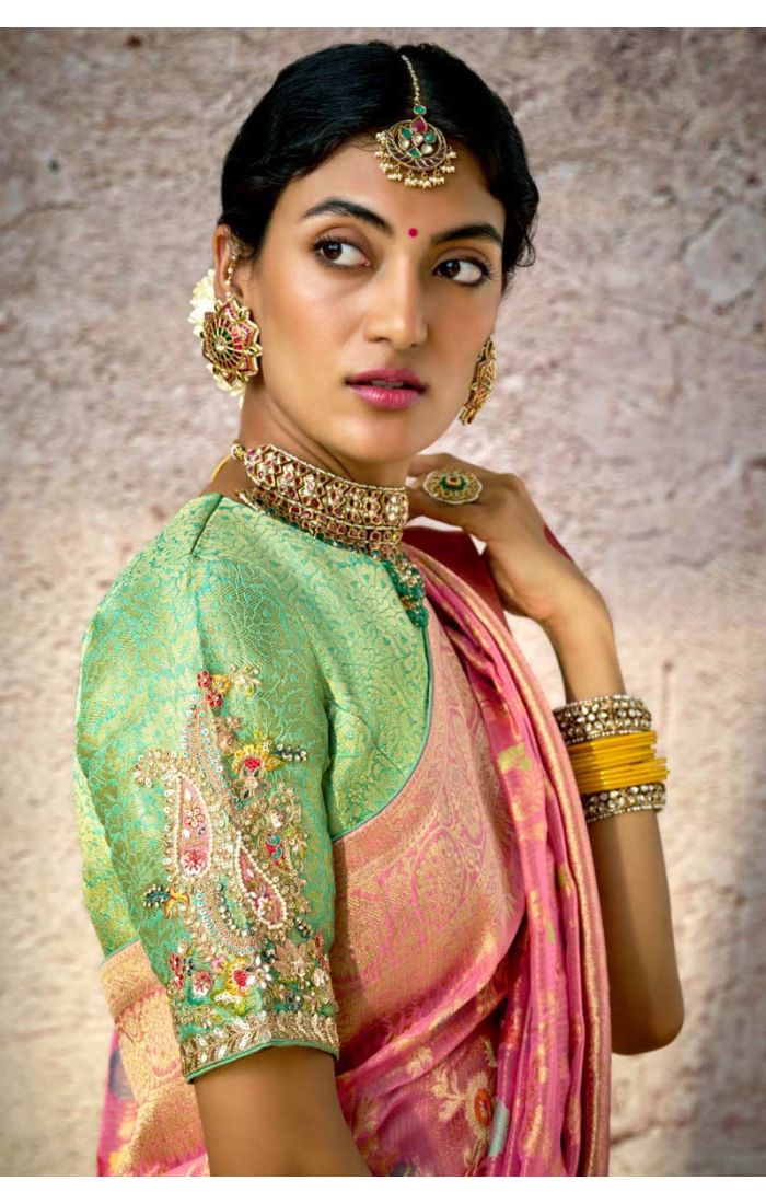 Pink Banarasi Silk Saree with Multicolor Floral Embroidery Work – Perfect for Weddings and Festive Occasions.