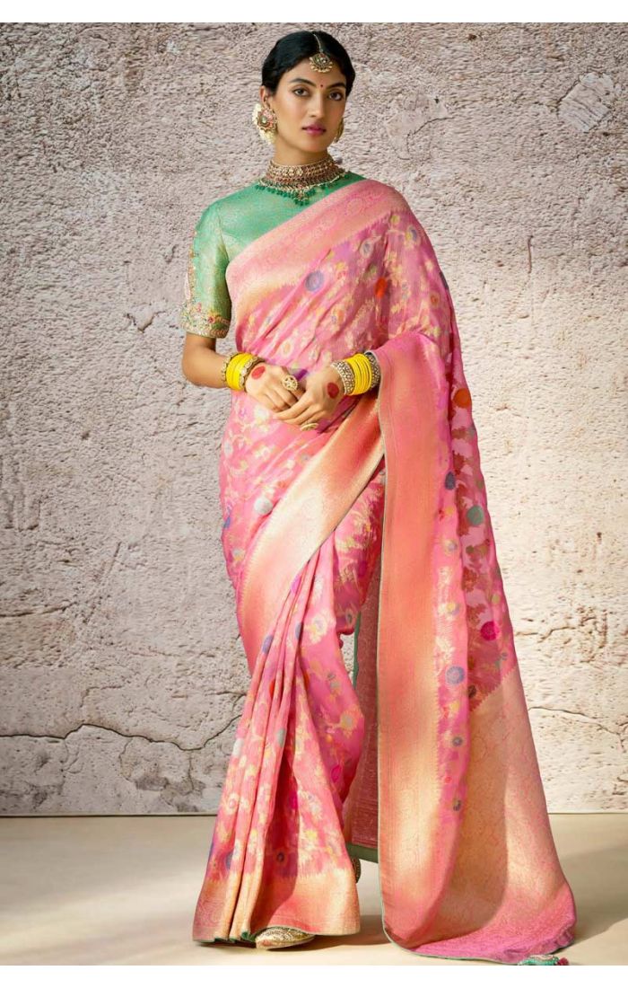 Pink Banarasi Silk Saree with Multicolor Floral Embroidery Work – Perfect for Weddings and Festive Occasions.
