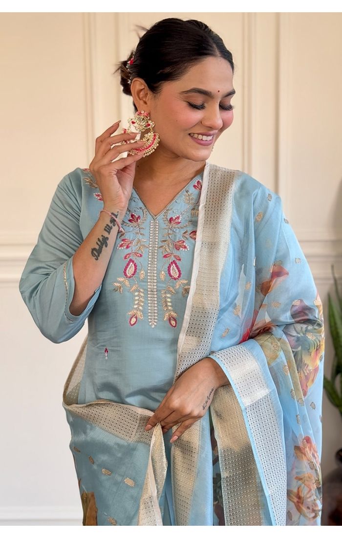 Elegant Sky Blue Embroidered Chanderi Kurti Set with Floral Organza Dupatta