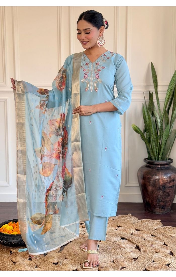 Elegant Sky Blue Embroidered Chanderi Kurti Set with Floral Organza Dupatta