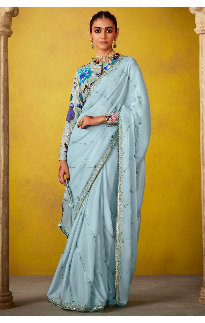 Sky Blue Floral Embroidered Saree with Sequins and Bead Detailing – Perfect for Eid and Festive Wear.