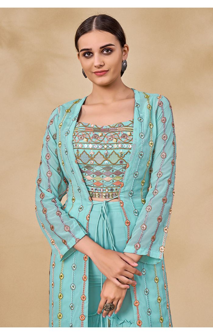 Aqua blue georgette festive jacket set featuring square neck embroidered crop top and mirror work jacket — full front look