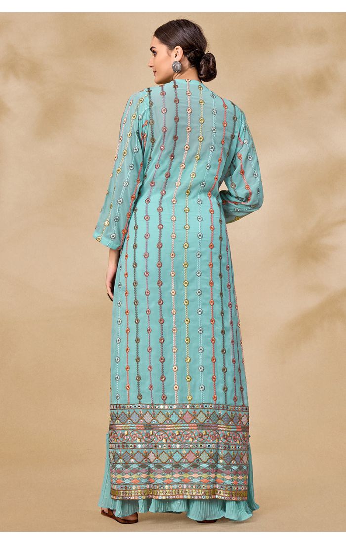 Aqua blue georgette festive jacket set featuring square neck embroidered crop top and mirror work jacket — full front look