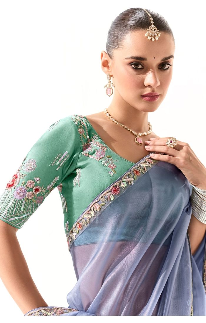 Front close-up of saree border with sequins and floral resham embroidery