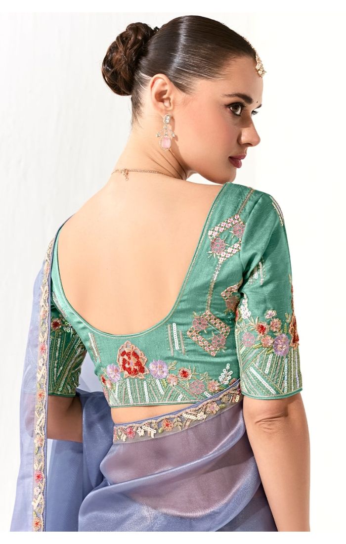 Back neckline and detailed embroidery of the unstitched blouse