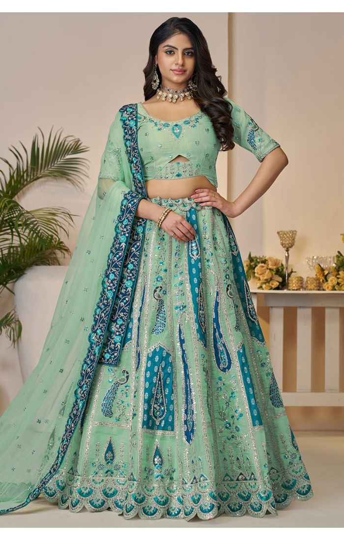 Full bridal outfit in sky blue soft net with heavy patch and sequin work.