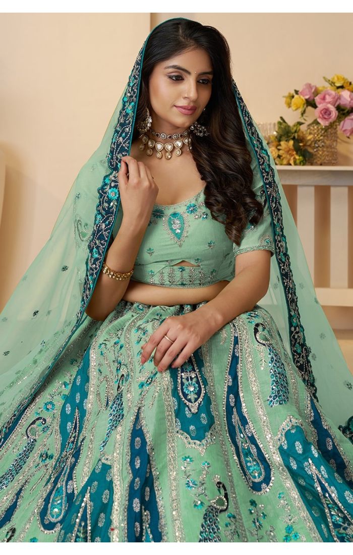 Front view of sky blue bridal lehenga with peacock and paisley embroidery in soft net fabric.